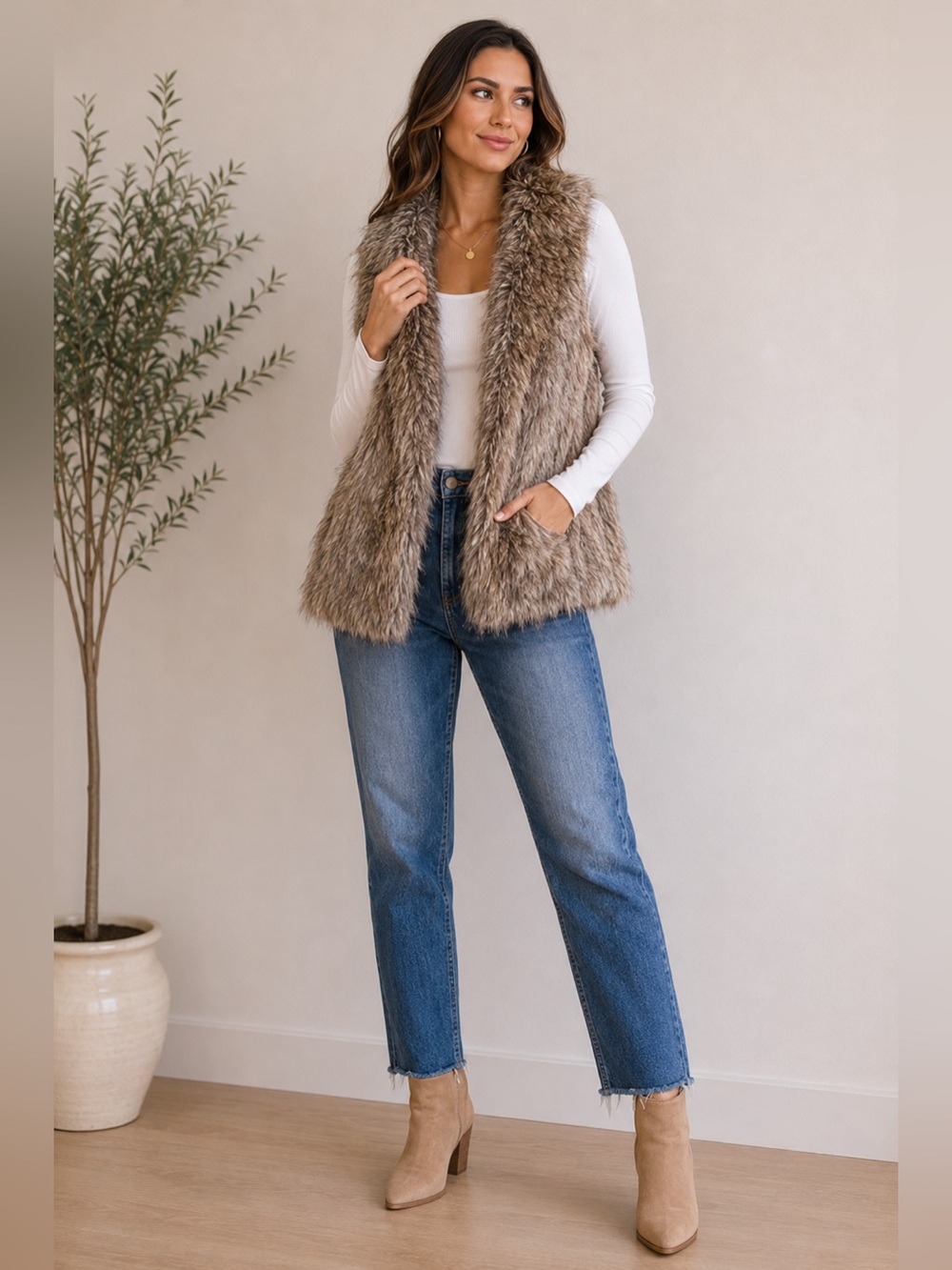 GAP Faux Fur Vest XL Brown Tan Open Front Cozy Layering Boho Glam